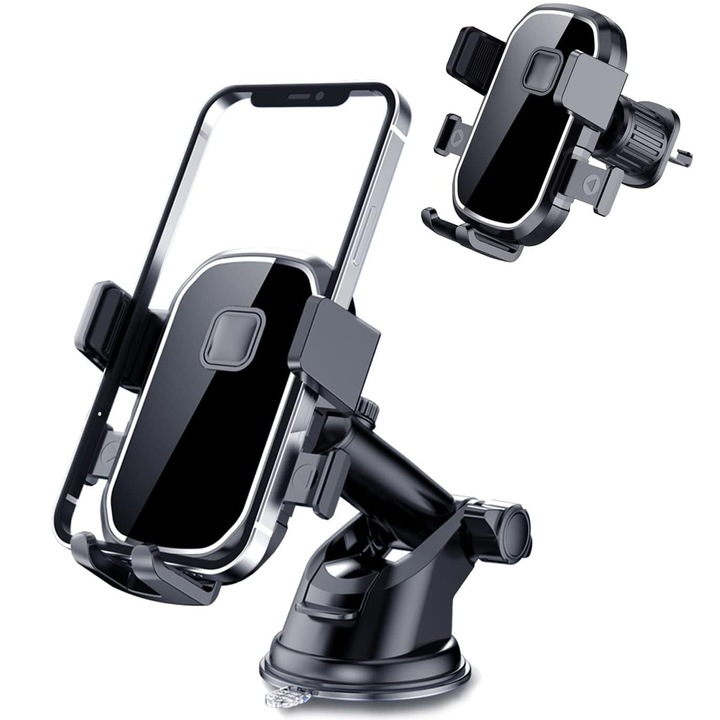 Suport auto universal pentru telefon mobil, ZGGZERG, Ventuza, Cu sistem inovativ clip-carlig, brat telescopic, Rotire 360 grade, Universal, Forma unghiulara, Sistem prindere ventilatie/bord/parbriz, Plastic, 110*200mm, Negru