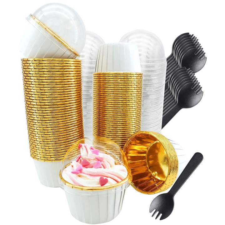 Set 50 forme de copt prajituri, SINBINTA, Set 50 de forme de copt pentru briose, Unica folosinta, Rezistenta la grasimi, Antiaderenta, Sigura si durabila, Termorezistenta, Pentru briose, cupcakes si prajituri, Hartie/Aluminiu, 5*3.9*6.8cm, Alb multicolor