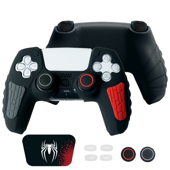 PS5 szilikontok, Pókember témájú, csúszásgátló kialakítás, izzadságálló kialakítás, 2 joystick borítás és 4 joystick védő készlet, fekete (A001)