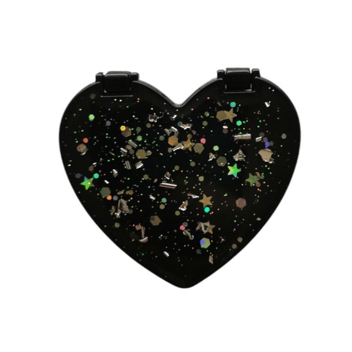 Suport/stand telefon, cu lipici, model Inima, sclipici, Oglinda, 5.5 cm, Negru Sclipici