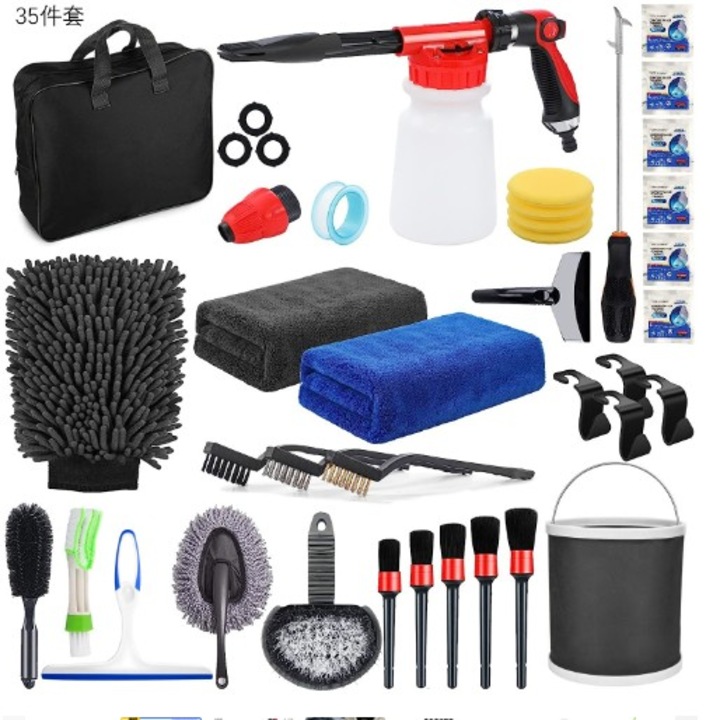 Комплект от 35 аксесоара за почистване на автомобили, Cyrax, за интериор и екстериор, многоцветни