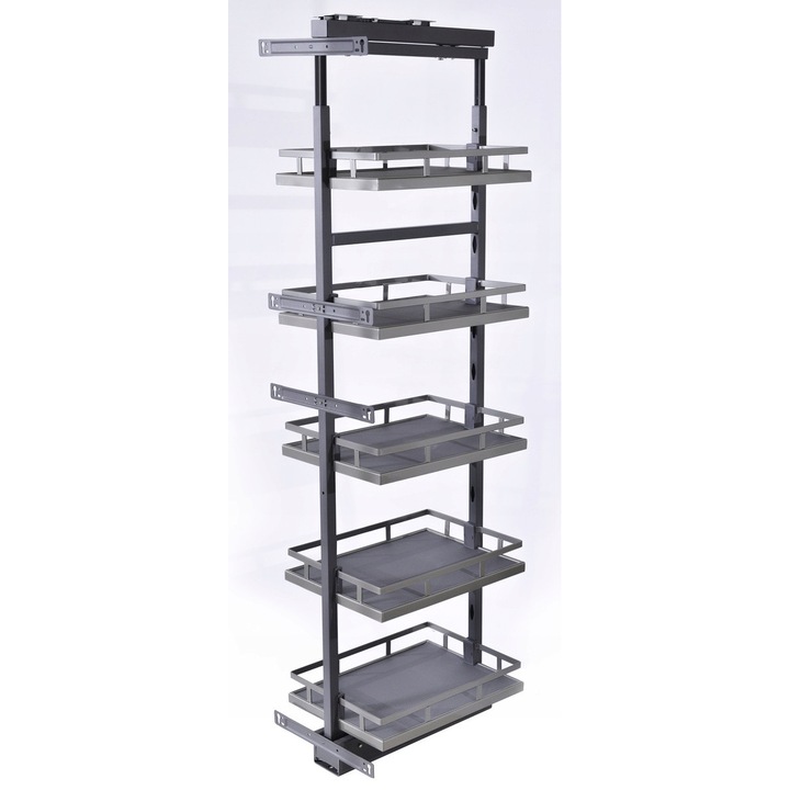 Set Ghidaje Si Rafturi Pentru Dulap, TMY, Midi, Wk-45-05, Antracit, 395x510x1560/1910 mm, Extindere Completa, Autoinchidere Cu Frana, Montat Pe Fata, Fund Complet - Suprafata Antiderapanta, Ghidaje Cu Cadru Si 5 Cosuri