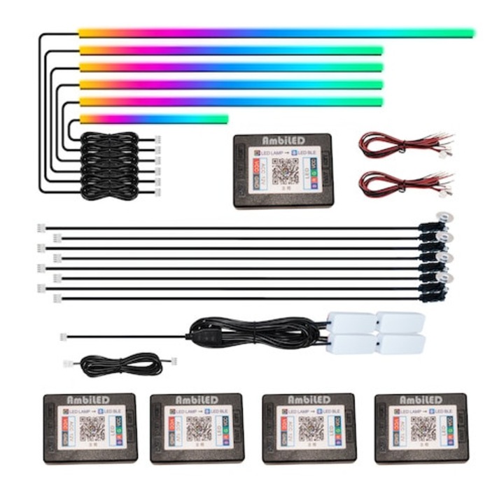 Kit iluminare ambientala auto banda acrilica LED RGB, Bluetooth, Wireless, interior masina, 18 piese, senzor muzica, multicolor, 12V