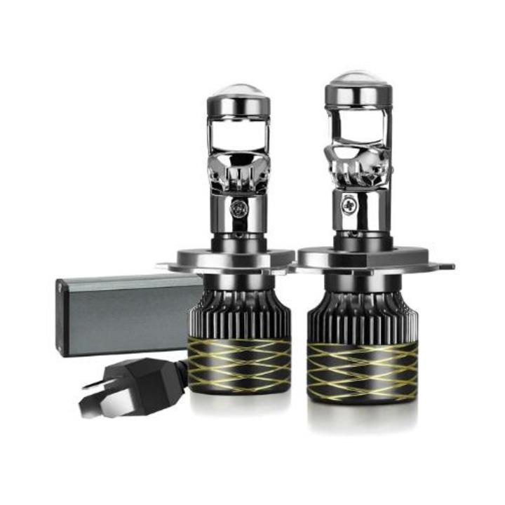 Set 2 becuri cu lupa Bi-led, H4 2 faze, 15000 lm, 6500k