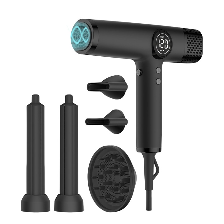 Многофункционален сешоар, 5 в 1, 1600W, отрицателни йони, 110000 об/мин, LED дисплей, 3 скорости на вятъра, 4 температурни настройки, защита от прегряване, цялостна грижа за косата, черен