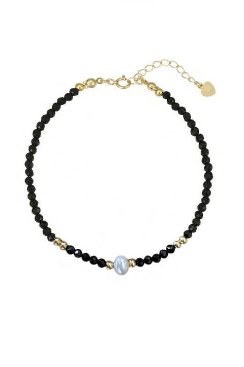 Bratara Single Pearl din Spinel negru de 2, 5 mm cu perla naturala de cultura alba de 5 mm si accesorii din argint 925, lungime ajustabila