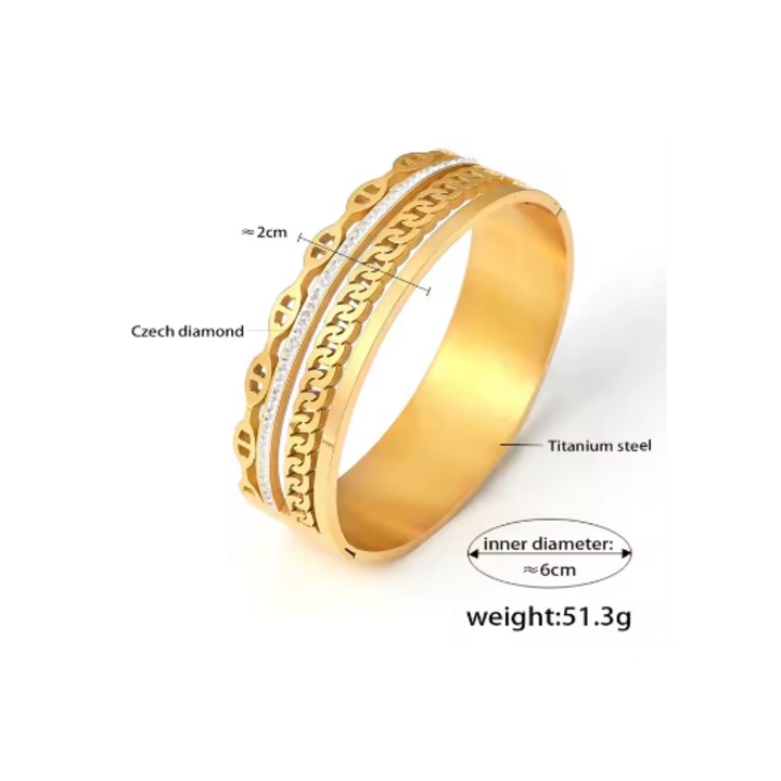 Bratara dama lata tip Bangles, otel inoxidabil placat cu aur 18k