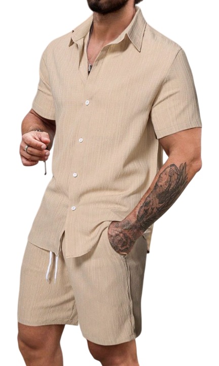 Set casual compus din camasa cu maneca scurta si pantaloni scurti cu snur, Bej