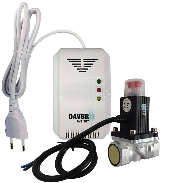 Sistem detectie gaz cu un senzor cu alimentare la 220V/50Hz si o electrovalva de gaz de 1/2"cu comanda la 12V, Daver