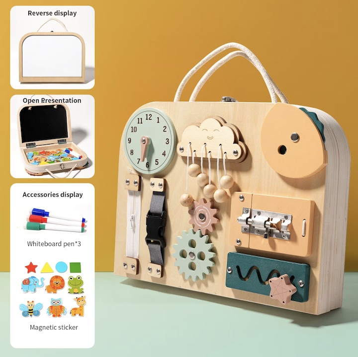 Joc Montessori Placa Busy Board Vremea, dubla, cu 8 activitati, din lemn