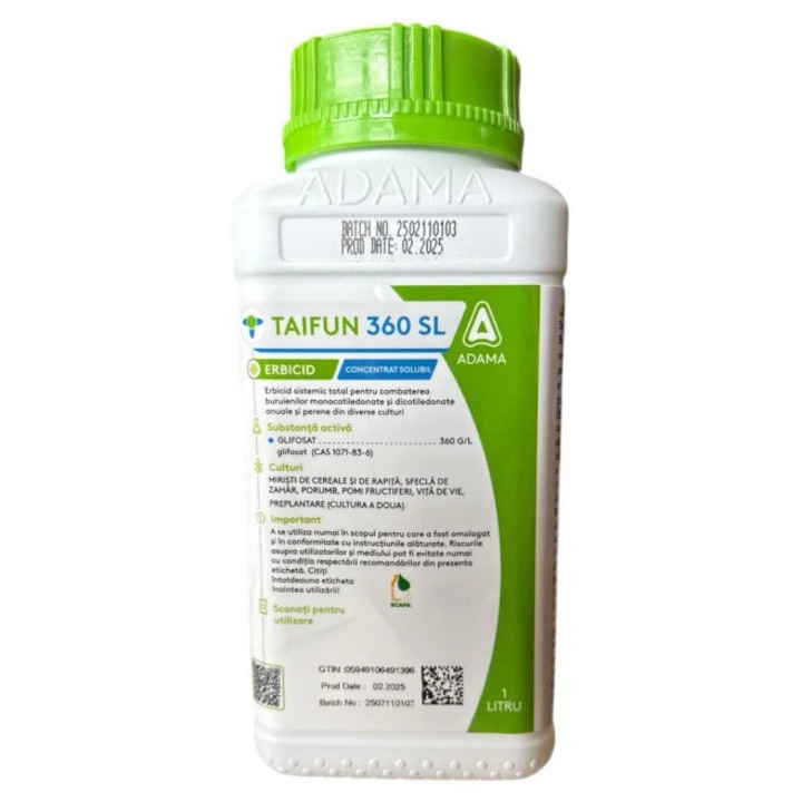Erbicid total ce combate buruienile monocotiledonate, dicotiledonate, anuale si perene, Taifun360 SL, 1 litru