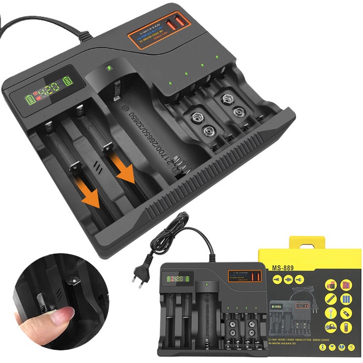 Akkumulátortöltő, Fudisenn, 7 foglalat, 3,7 V lítium és Ni-MH/Ni-Cd, fekete, 134x158x40 mm