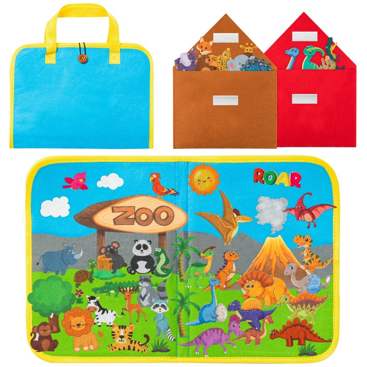 Joc Educativ Tabla de Povesti cu Dinozauri si Animale de Zoo, 50 Piese din Fetru, Interactiv, Portabil pentru Copii Prescolari, 45 cm x 30 cm