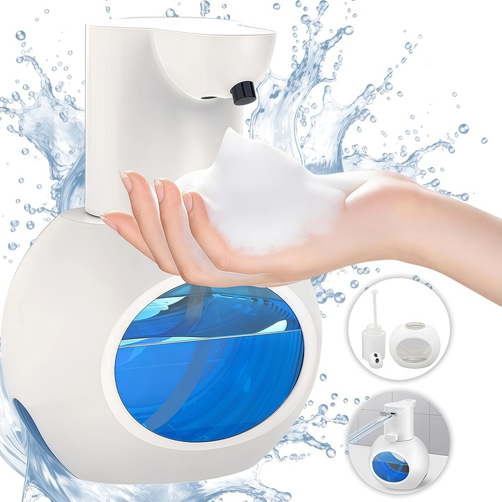 Dozator automat de sapun spuma, Wacorresi®, Dozator automat de sapun spuma cu senzor de miscare, Fara Atingere, rezistent la apa, reglabil pe 4 niveluri, Prindere de Perete, Senzor de Miscare, Incarcare USB, 400 ml, 12.3x10.3x16.3cm, alb