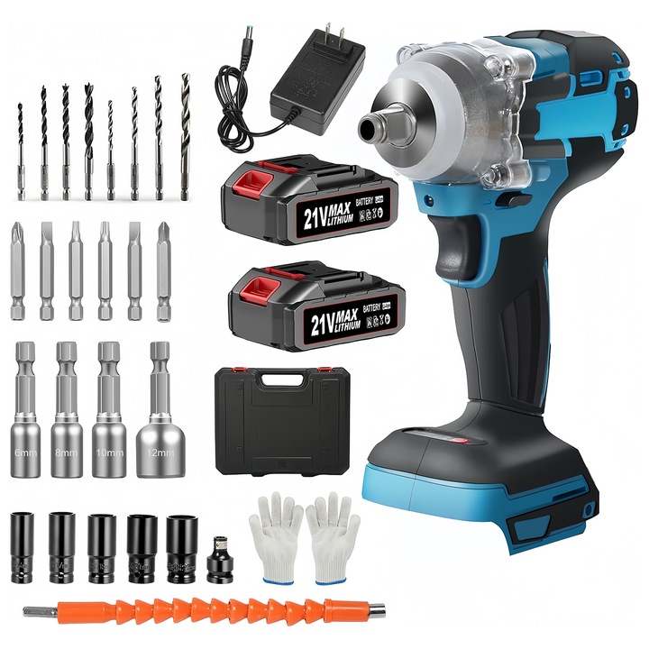 Cheie de impact electrica fara perii, Wacorresi®, Masina de gaurit si insurubat cu Impact fara fir, 25 accesorii, 2 acumulatori 21V, cu incarcator, Cutie Plastic, 20x20x10cm, albastru/Negru