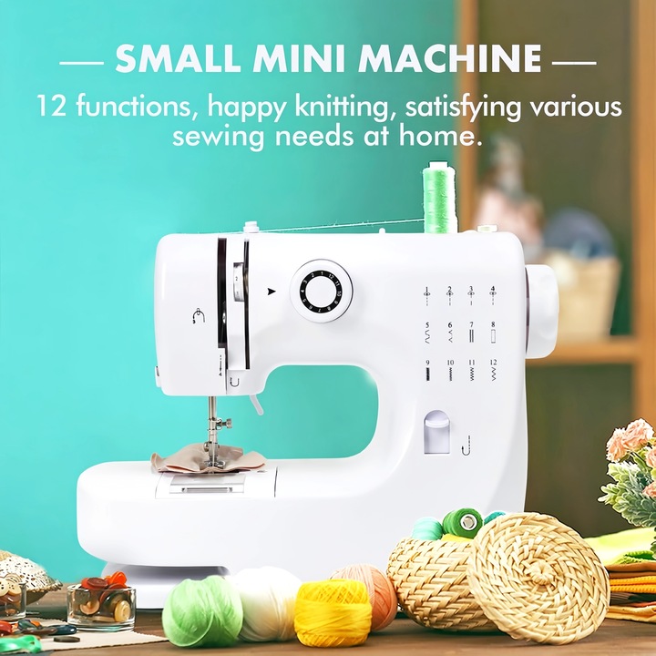 Mini elektromos varrógép készlet, Wacorresi, Mini varrógép, Fordított öltéssel és 16 beépített öltésgombbal, Multifunkcionális, LED világítás, Lábpedál, Két tápellátási mód, 37,5X20,5X29,7cm, Fehér