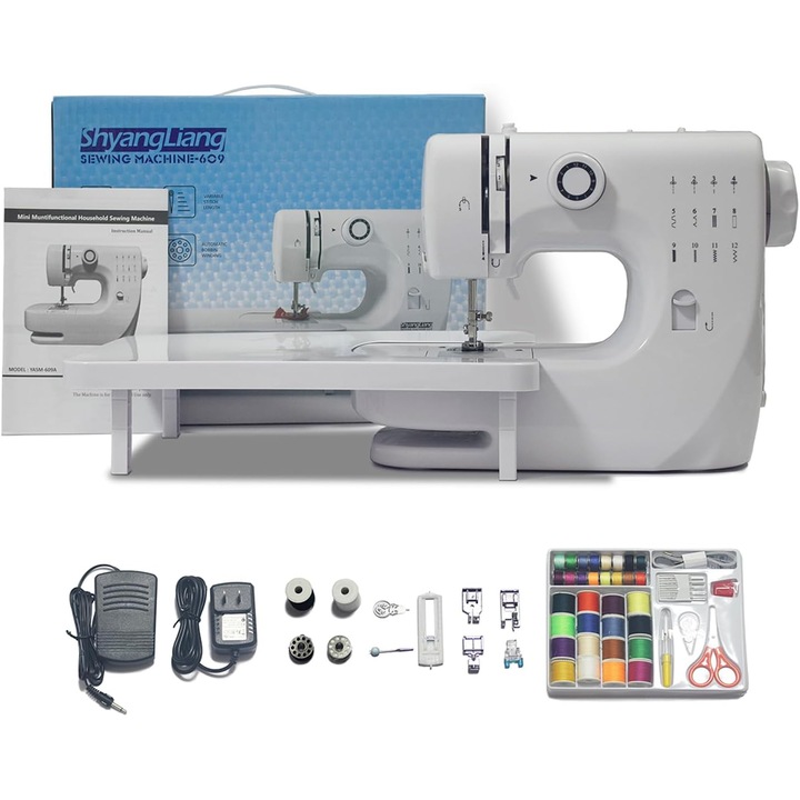 Комплект мини електрически шевни машини, Wacorresi, мини шевна машина, с обратен шев и 16 вградени бутона за шевове, многофункционална, LED осветление, педал, два режима на захранване, 37.5X20.5X29.7 см, бяла