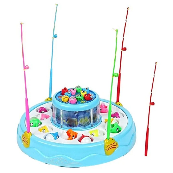 Joc Educativ de Pescuit cu Muzica si Lumina, 2 lacuri, 26 pesti colorati, 5 undite, Baza Rotativa