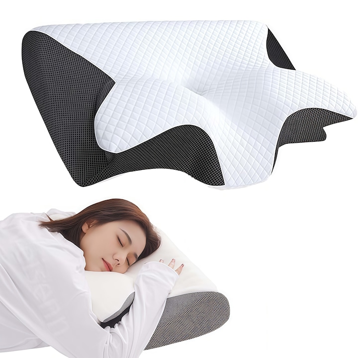 Възглавница от мемори пяна, Wacorresi, Ортопедична, Ергономична, Калъф, който може да се пере, Идеална за спане настрани, по гръб или по корем, 12x59x37 см, Черен/Бял