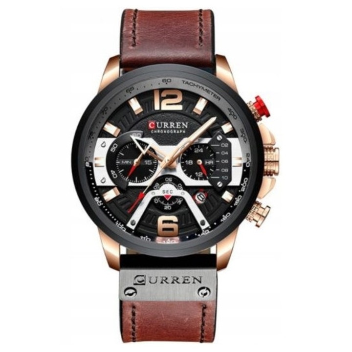 Ceas pentru barbati, Curren Milano, Quartz, Cronograf, Afisare data, Cronometru, Curea din Piele ecologica, Carcasa din Otel, Multicolor