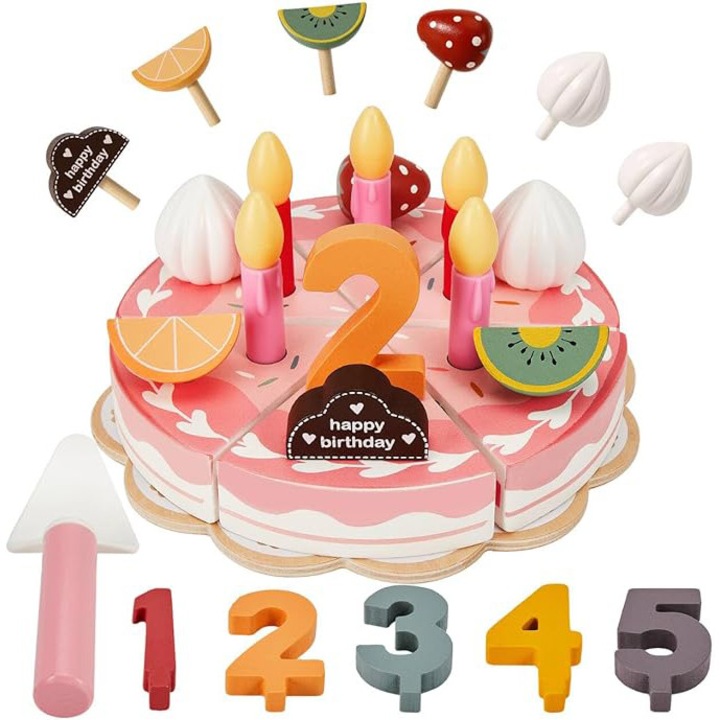 Jucarie din lemn pentru taierea alimentelor, tort de ziua de nastere, accesorii de bucatarie pentru copii, potrivita pentru fete, baieti, 3, 4, 5, 6 ani