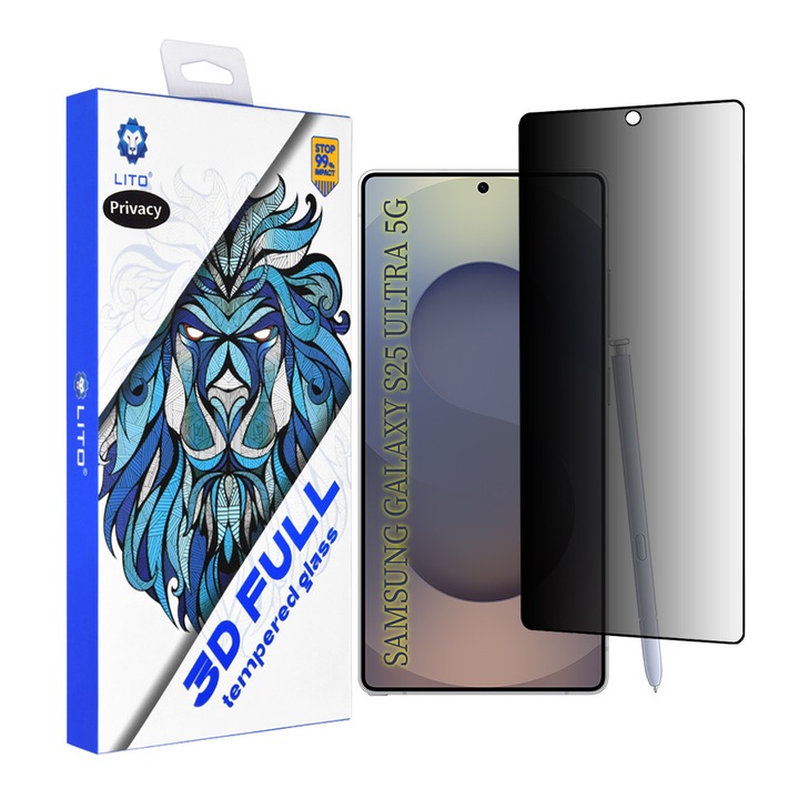 Folie de protectie Ecran Privacy Lito pentru Samsung Galaxy S25 Ultra S938, Sticla Securizata, Full Glue, 3D