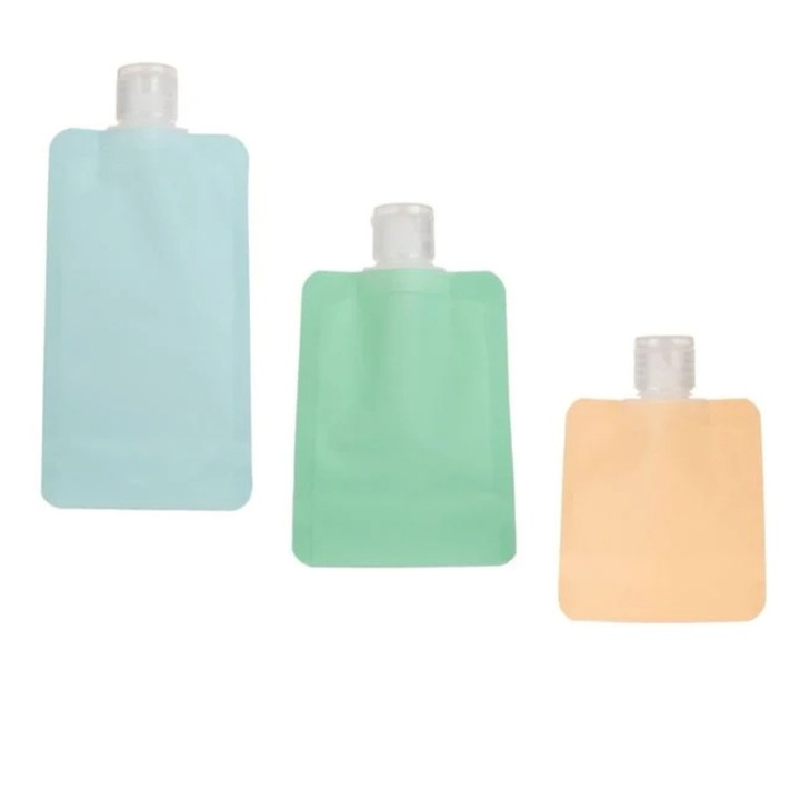 Set 3 sticle/pungi de calatorie de diferite culori, verde/prtocaliu/bleu, 30-50-100ml