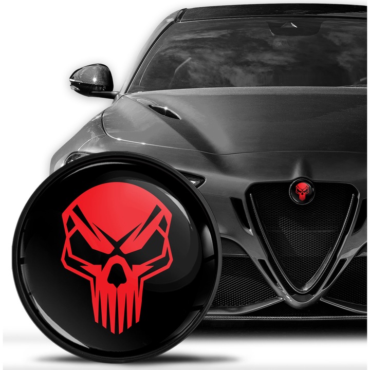 Emblema tuning autoadeziva pentru Alfa Romeo, SkinoEu, 74 mm, compatibila cu Alfa Romeo 156, 147, Giulietta 940, MiTo, 159, GT, Brera, Spider 939, pentru capota fata, capota spate, portbagaj, Skull, Negru/rosu, EA 4