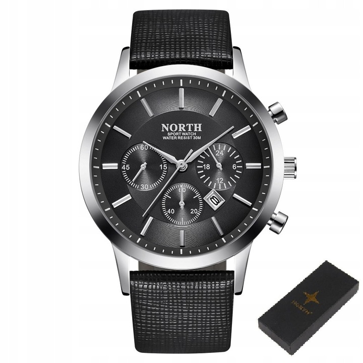 Ceas pentru barbati, Zegarek North, Quartz, Afisare data, Curea din Piele ecologica, Carcasa din Otel, Negru