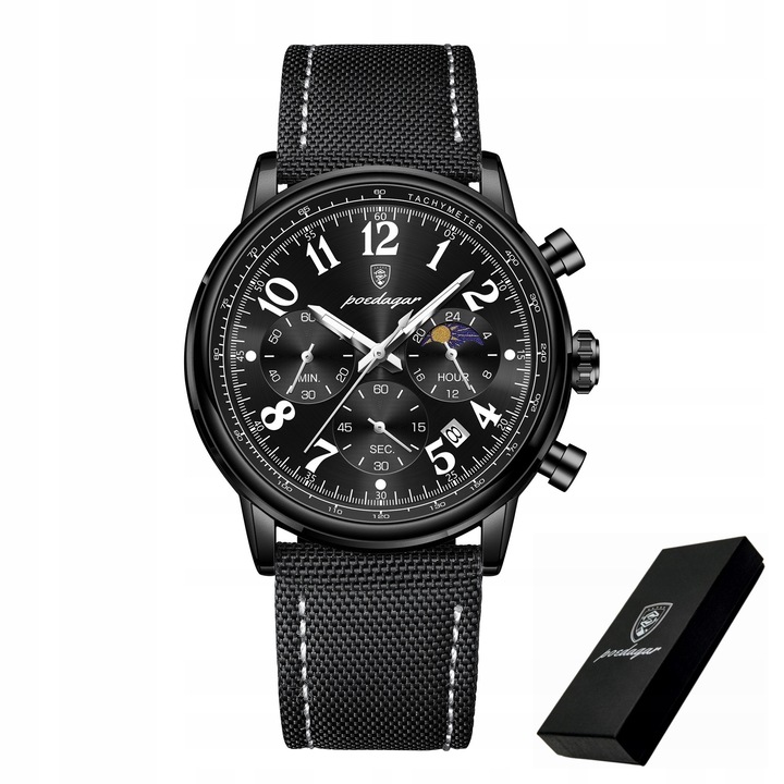 Ceas pentru barbati, POEDAGAR 808, Quartz, Cronograf, Afisare data, Cronometru, Timer, Curea din Piele ecologica, Carcasa din Otel, Negru