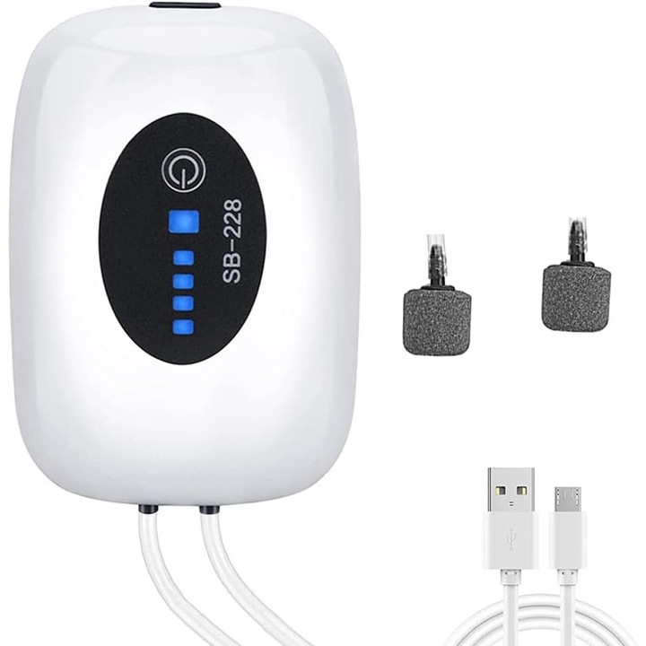 Pompa de aer pentru acvarii, SEBO, portabila, reincarcabila, alba, cu 2 iesiri, USB
