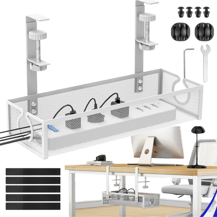 Tava de gestionare a cablurilor sub birou, Usor de instalat, nu necesita gaurire, cu tampoane moi din cauciuc, previne supraincalzirea, Extensibil, Durabil, Montare cu clema, pentru birou, living, camera de jocuri, 34x12x8cm, alb
