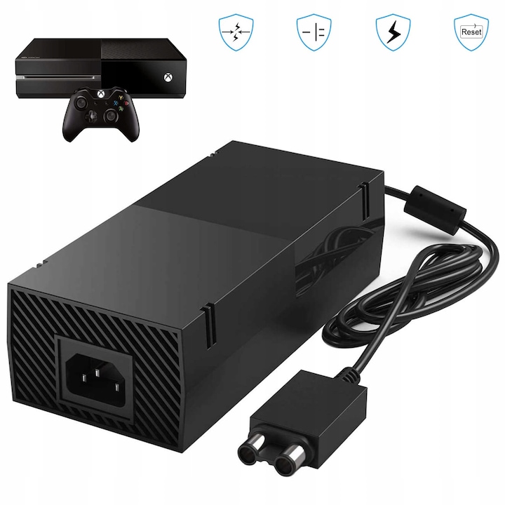 Tápegység adapter, Xbox One-hoz, Xbox One hálózati adapter, tápkábellel szett, 135W, LED jelzőfény, Zajmentes kialakítás, Hőelvezetés, Beépített intelligens chip, ABS, fekete, 17x7,5x5cm