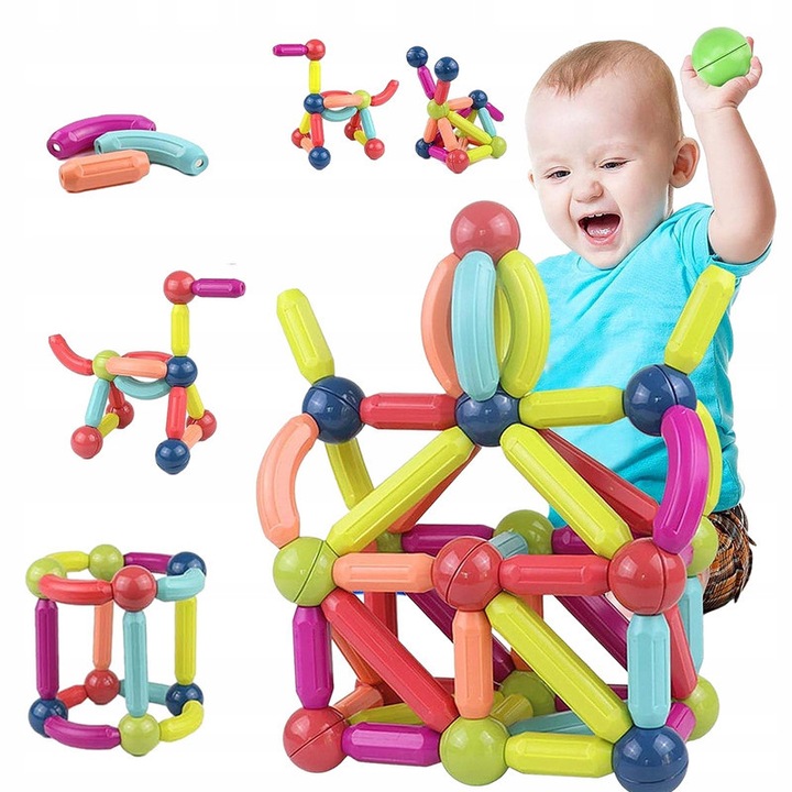 Mágneses építőjáték-készlet, mágneses rudak 3D, mágneses építőelem-készlet, 64 darabos, vegyes színek, mágneses építőelemek, barkácsjáték gyerekeknek, 4-6 éves gyerekeknek, képzeletfejlesztés