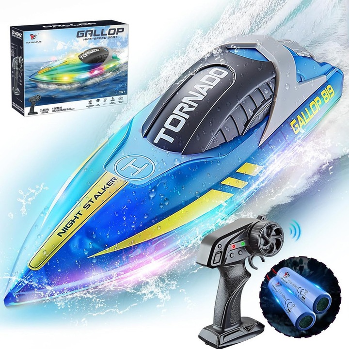 Barca cu telecomanda, OTTOOPPXIN®, LED, 2 baterii reincarcabile, design anti rasturnare, albastra