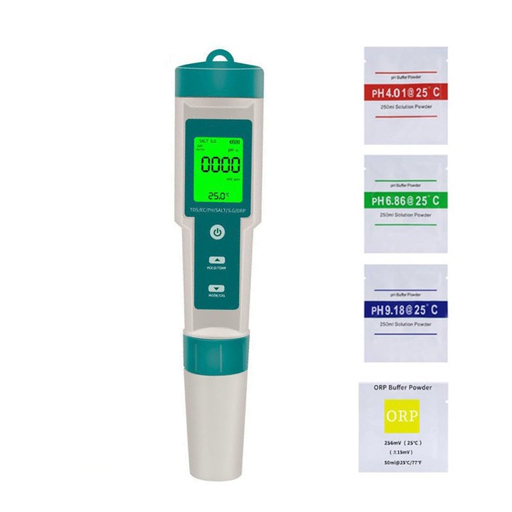 Тестер за качество на водата, OTTOOPPXIN, pH/TDS/EC/Соленост/SG/ORP/Температура, IP67, Преносим