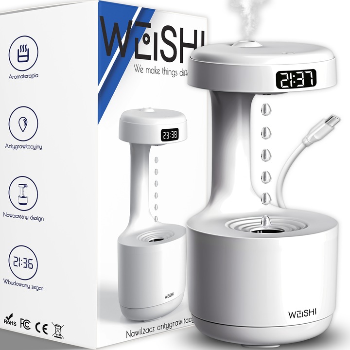 Овлажнител за въздух, Weishi, Антигравитационна функция, Ароматерапевтичен дифузер, Безшумна работа, Лесен за употреба, 23,5 x 12 x 12 см, Бял