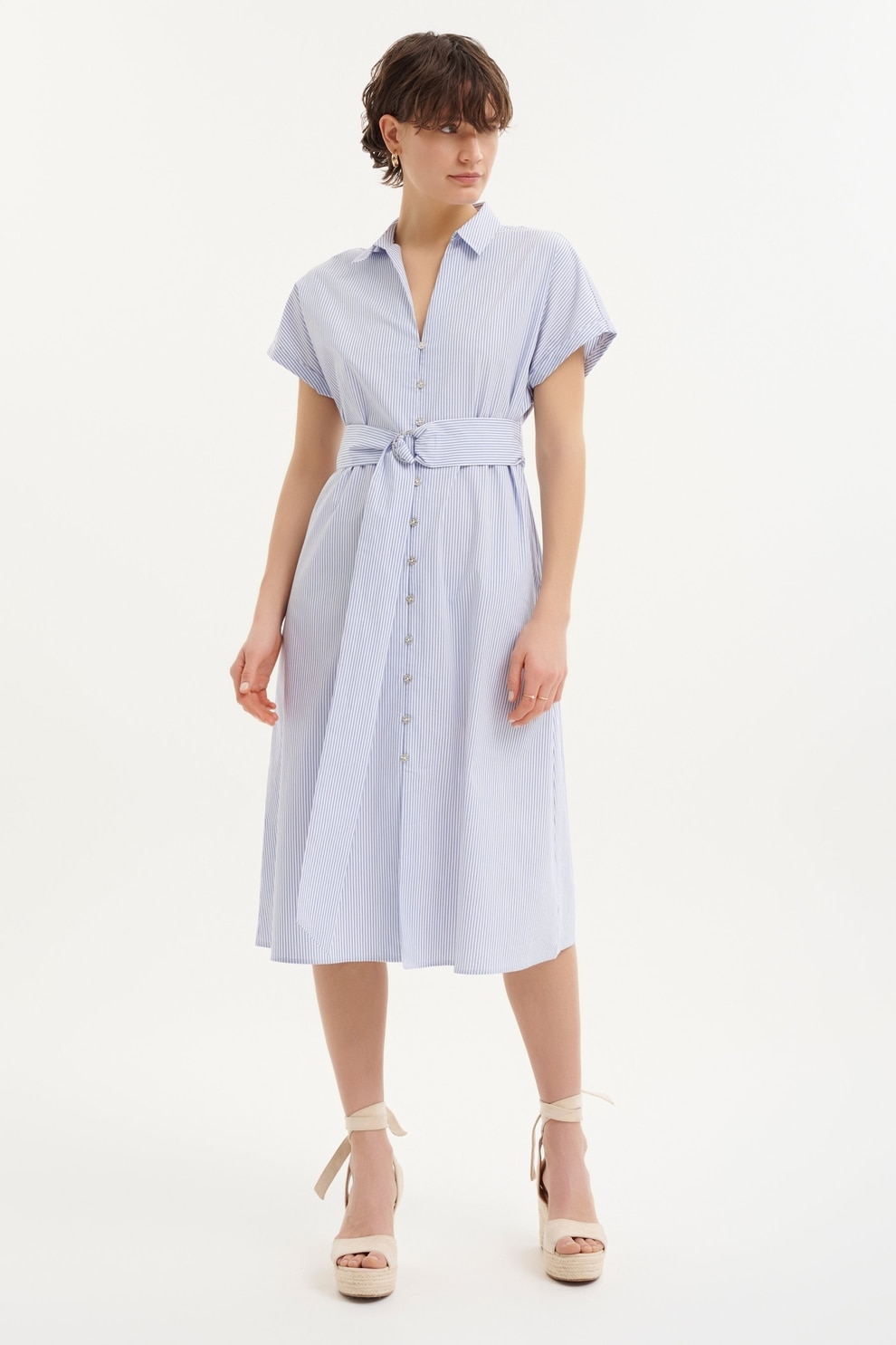 GreenPoint, Rochie-camasa in dungi cu un cordon in talie, Albastru deschis, 42