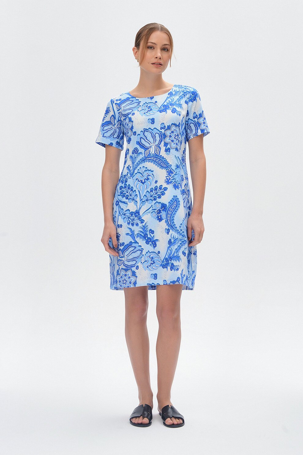 GreenPoint, Rochie scurta din in cu imprimeu, Albastru pal, Albastru, 40