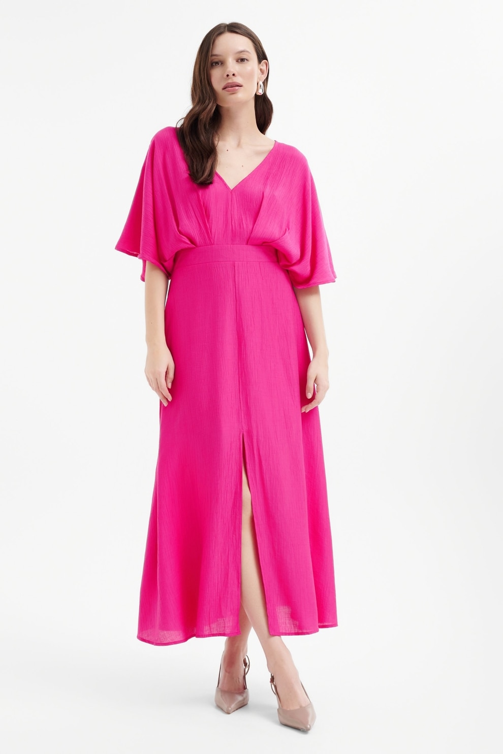 GreenPoint, Rochie cu slit frontal si decolteu in V, Fucsia, 34