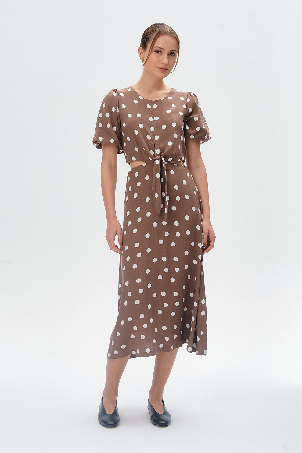 GreenPoint, Rochie midi cu model buline, Alb, Maro fango, 38 - eMAG.ro