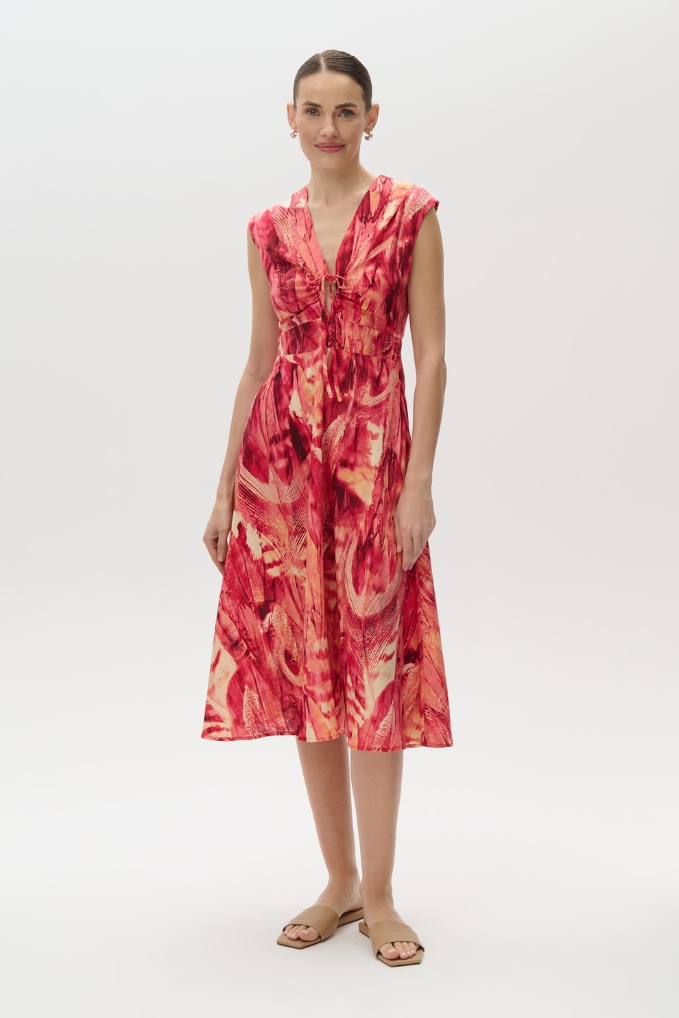 GreenPoint, Rochie din amestec de in cu decupaj, Rosu, Portocaliu, 42