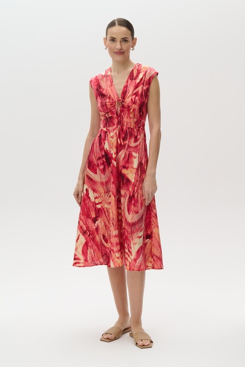 GreenPoint, Rochie din amestec de in cu decupaj, Rosu/Portocaliu