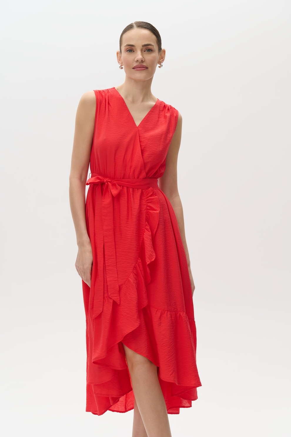 GreenPoint, Rochie asimetrica cu volane si decolteu in V, Portocaliu mandarina, 36
