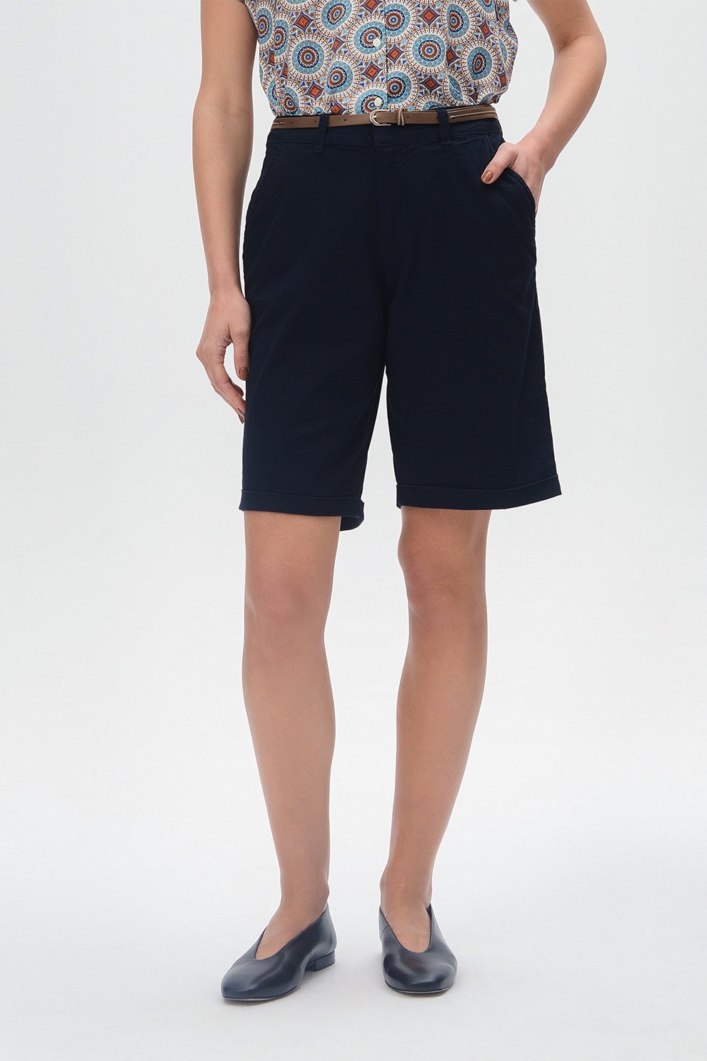 GreenPoint, Pantaloni scurti drepti cu curea, Negru, 36