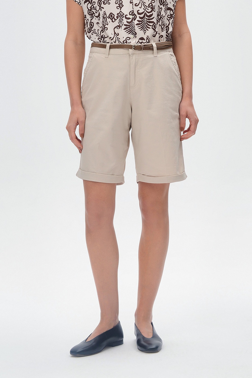 GreenPoint, Pantaloni scurti drepti cu curea, Maro, Maro nisip, 38