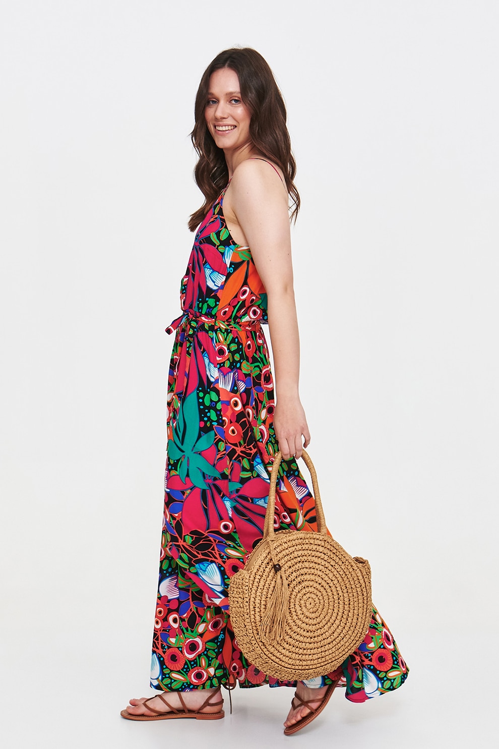 Top Secret, Rochie lunga cu imprimeu floral, Fucsia, Portocaliu deschis, Verde deschis, 36