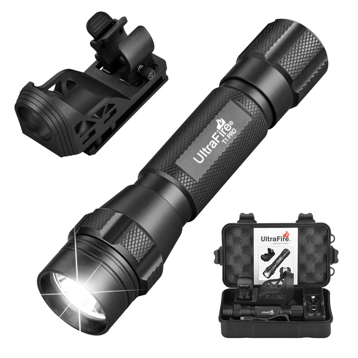 Фенер UltraFire T1 PRO, 1200 лумена, 200 м, комплект с батерия 18650 и зарядно, 14 см