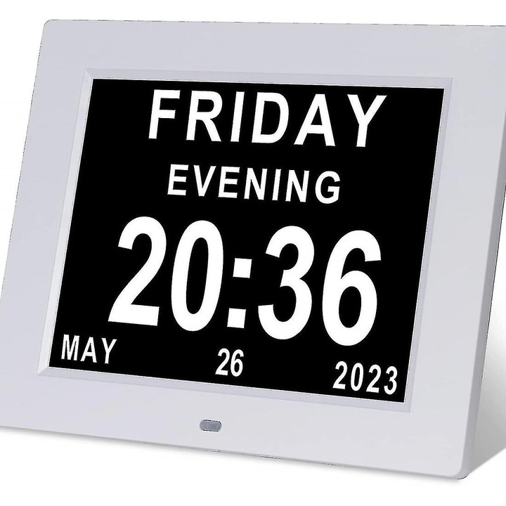 Ceas decorativ cu multiple afisaje, ceas de perete, functie de estompare automata, 12 alarme, 8 limbi, alb