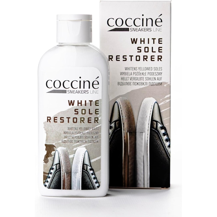 Albitor pentru talpile adidasilor, WHITE SOLE RESTORER, solutie de curatare pentru pantofi albi, reface talpile albe din cauciuc, Cocciné, 150 ml